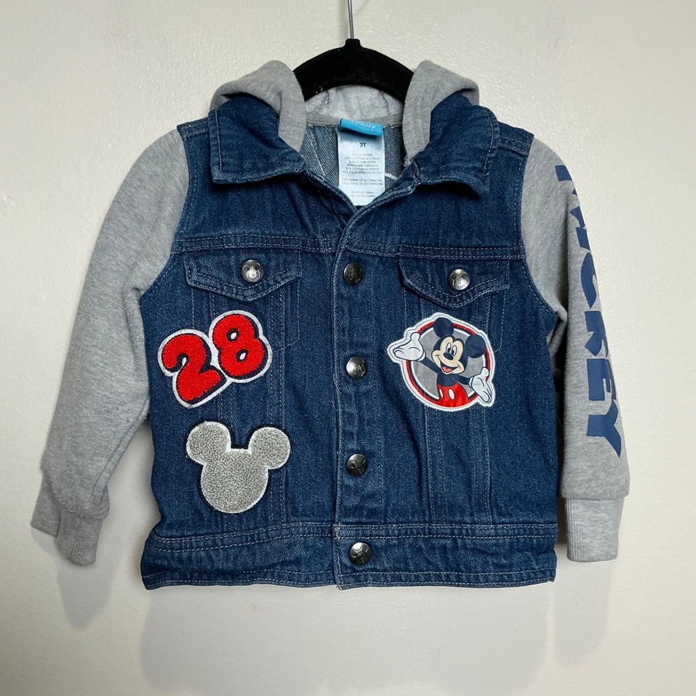 Mickey Mouse Toddler‎ 2T Hooded Jean Jacket TOO COOL 28 Embroidered Snap Button